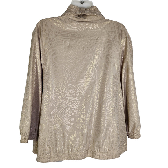 Chico's Zenergy Jacket Animal Print Neema Snap Front Tan Gold Foil Pockets Large - Picture 2 of 12